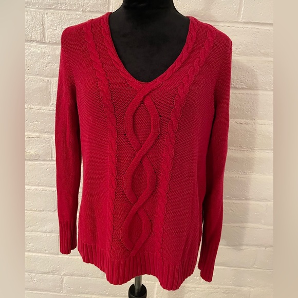 CHAPS red v-neck pullover tunic sweater with cable knit design, sz L - Picture 2 of 5